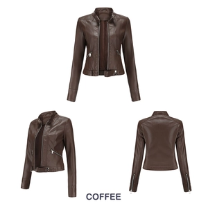 Detailed three-view shots of coffee brown PU leather jacket with stand collar and zippers
