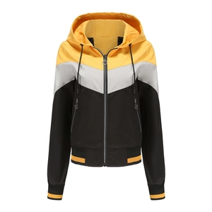Women's color-block hooded windbreaker jacket with yellow and grey V-shape panels