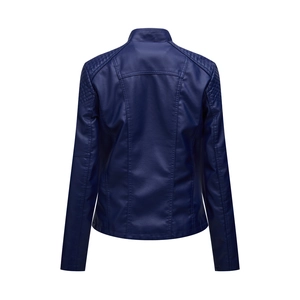 Back view of slim fit navy blue faux leather biker jacket with diamond quilted shoulders