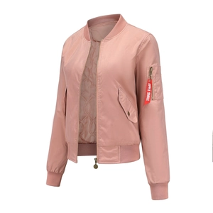 Detail of pink bomber jacket with quilted lining and sleeve pocket with decorative ribbon