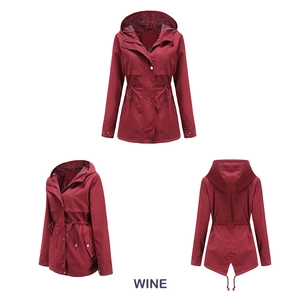 Three-way view of wine red hooded raincoat with drawstring waist and adjustable cuffs