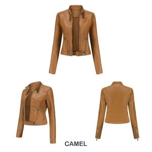 Detailed views of women's camel stand collar faux leather jacket with metal zip accents
