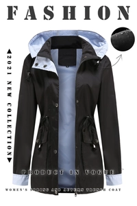 Waterproof women trench coat with detachable hood and striped lining detail view