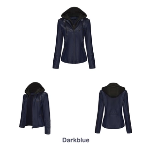 Detail view of dark blue hooded faux leather jacket with detachable drawstring hood