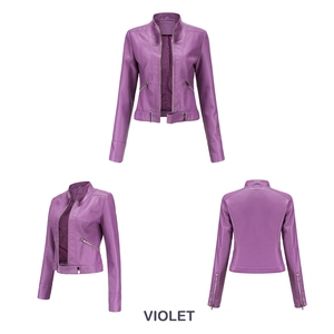 Detailed front, side and back view of a violet short moto jacket with silver zippers