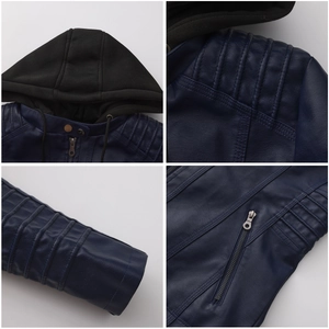 Detailed views of dark blue hooded PU leather jacket showing stitching and zipper hardware