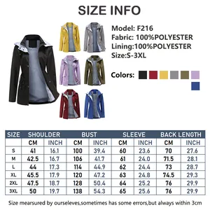 Detailed size chart for hooded trench coat with measurements in inches and centimeters