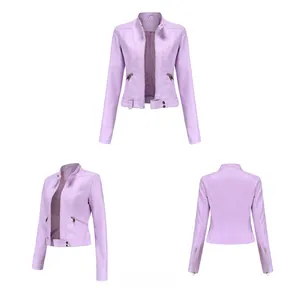 Detailed views of women's lavender slim-fit faux leather jacket with stand collar