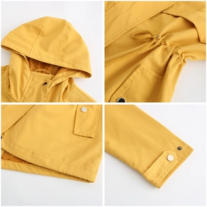 Detailed views of yellow hooded raincoat featuring adjustable drawstring waist and metal snaps
