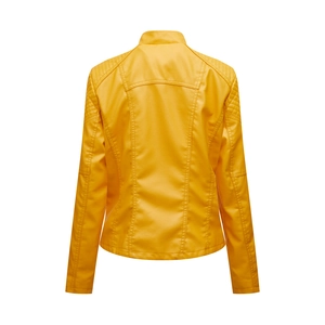 Back view of bright yellow faux leather biker jacket with pleated shoulder detail