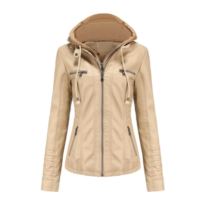 Detail of beige faux leather jacket featuring double zipper and detachable hood
