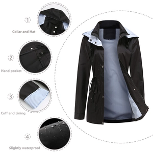 Detail view of black waterproof raincoat with drawstring hood and blue striped lining