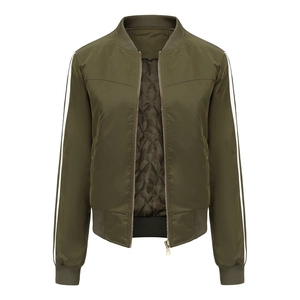 Army green bomber jacket with white shoulder stripes and quilted diamond lining for women