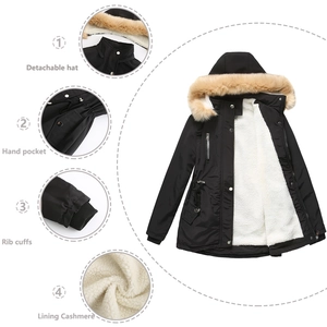 Dettaglio di un parka invernale nero con cappuccio rimovibile e fodera in cashmere
