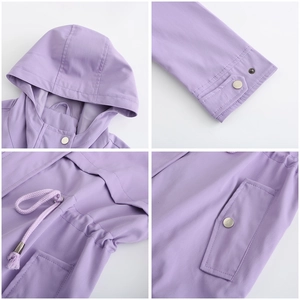 Detailed views of lavender hooded windbreaker featuring adjustable waist drawstring and cuffs