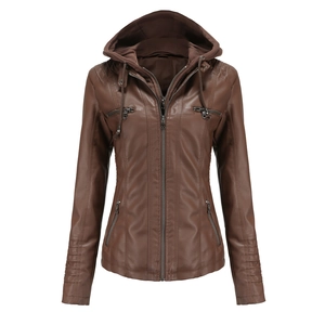 Detail of a brown PU leather jacket featuring multiple zipper pockets and quilted sleeves