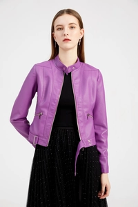 Close-up of purple faux leather jacket featuring stand collar and metal zipper details