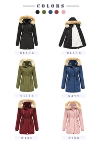 Vista multicolore di parka da donna con fodera in sherpa e cappuccio rimovibile