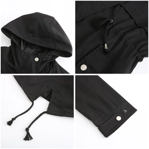 Detailed views of black hooded windbreaker features including drawstring waist and metal snaps