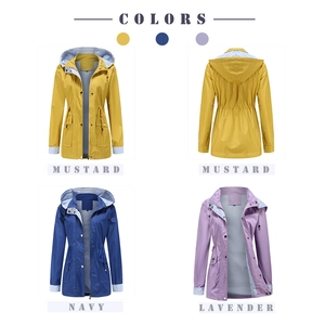 Multiple color options for hooded trench coat with striped lining in mustard, navy, lavender