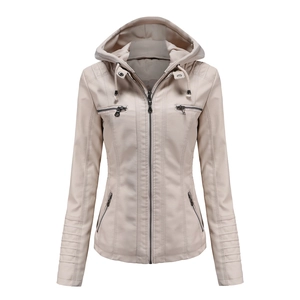 Detail of cream PU leather jacket featuring sleek black metal zippers and hood