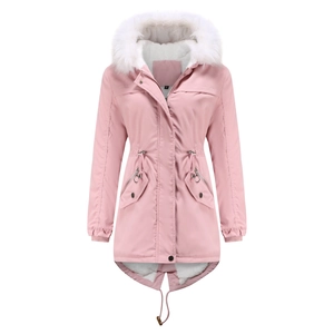 Parka mi-longue rose pour femme avec doublure en fausse fourrure blanche et cordon de serrage