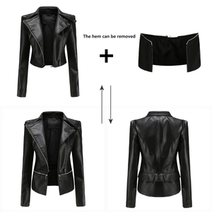 Women's black PU leather biker jacket featuring a functional removable hem for dual styles