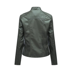 Rear view of a slim fit dark green faux leather jacket with quilted shoulder detailing