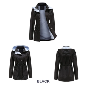 Three-view display of black hooded windbreaker with striped lining and waist drawstring