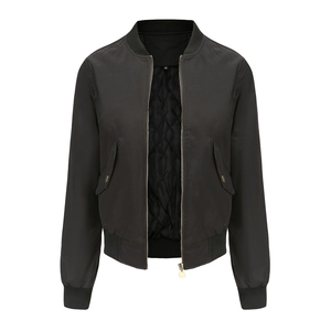 Classic black bomber jacket with quilted lining and ribbed cuffs on white background