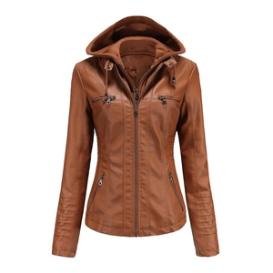 Detail of caramel brown faux leather hooded jacket with zip pockets and pleated cuffs