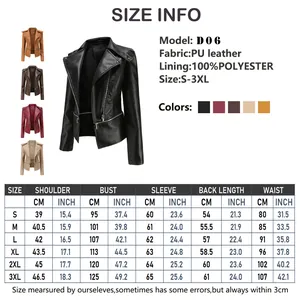 Detailed sizing chart for women's PU leather biker jacket with metric and imperial units