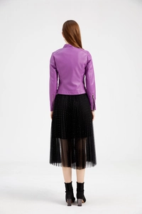 Detail view of purple faux leather jacket sleeves with metallic zipper accents on the cuff
