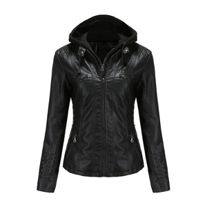Detail of a black faux leather motorcycle jacket featuring a hood and quilted stitching