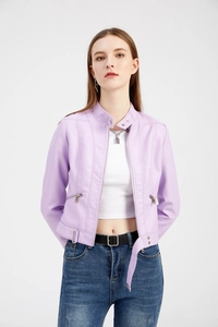 Detail of lavender faux leather jacket featuring silver buckle accents and metal zipper