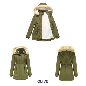 Vista a tre angolazioni del parka da donna verde oliva con fodera in pile