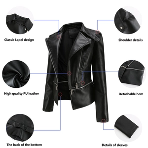 Detail view showing classic lapel and detachable hem on black PU leather biker jacket