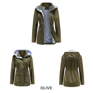 Olive green hooded windbreaker featuring adjustable drawstring waist and striped lining