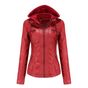 Detail of red hooded faux leather jacket featuring metal zippers and ribbed hem stitching