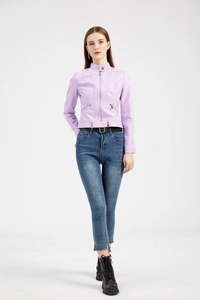 Detail of lavender purple faux leather jacket with stand collar and zipper pockets