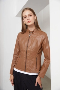 Detail of brown faux leather jacket with stand collar and quilted shoulder stitching