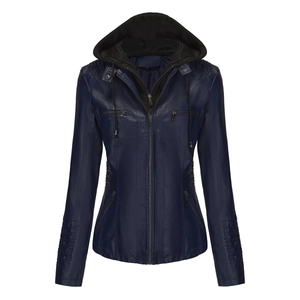 Close-up of dark blue PU leather jacket featuring detachable hood and ribbed stitch details