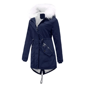 Parka d'hiver pour femme bleu marine avec grande capuche en fausse fourrure blanche
