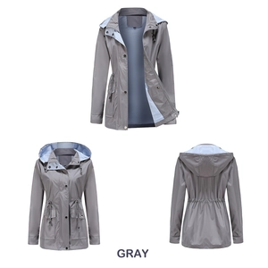Three-view layout of a gray women trench coat with detachable hood and striped lining