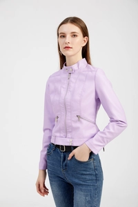 Detail of light purple slim fit faux leather jacket with metal stand collar and zippers