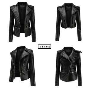 Detailed four-way view of women's black faux leather biker jacket with silver zippers