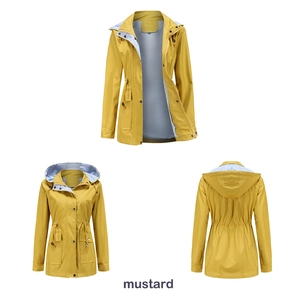 Detail view of mustard yellow hooded windbreaker with striped lining and drawstring waist