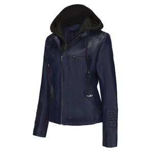 Detail of dark blue faux leather jacket featuring quilted shoulder pads and metallic zippers