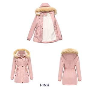 Parka rosa da donna con fodera in pile bianco e cappuccio rimovibile con bordo in pelliccia