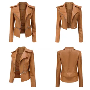 Detail view of camel PU leather jacket showing the detachable hem and multi-angle design